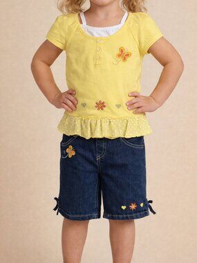 NWT 2pcs Set 2B Real Toddler Girl Outfit Yellow Top & Denim Shorts Set Size 4T
